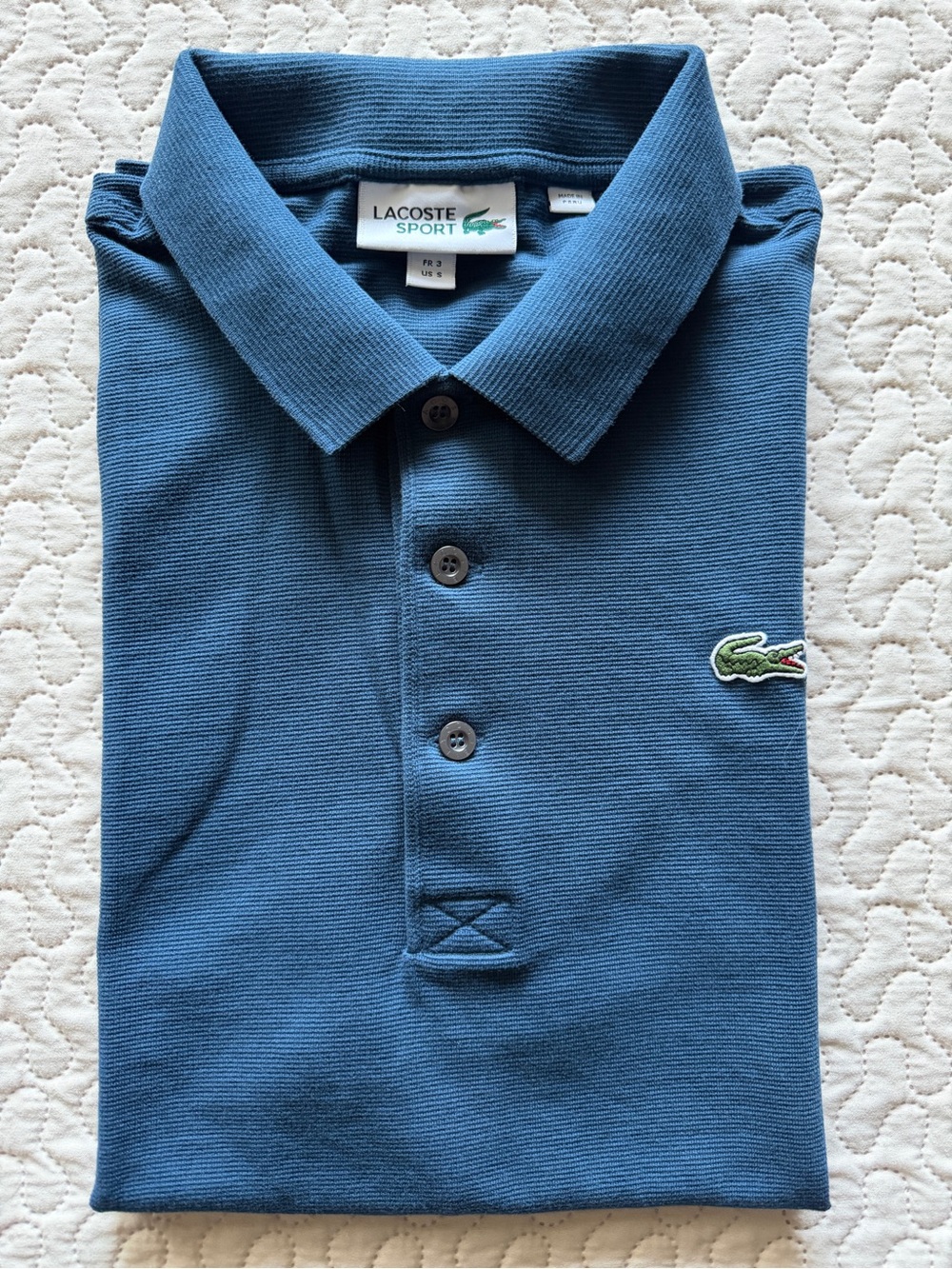 Lacoste Sport Mens S FR 3 Blue Textured Polo Shirt Crocodile Logo Peru